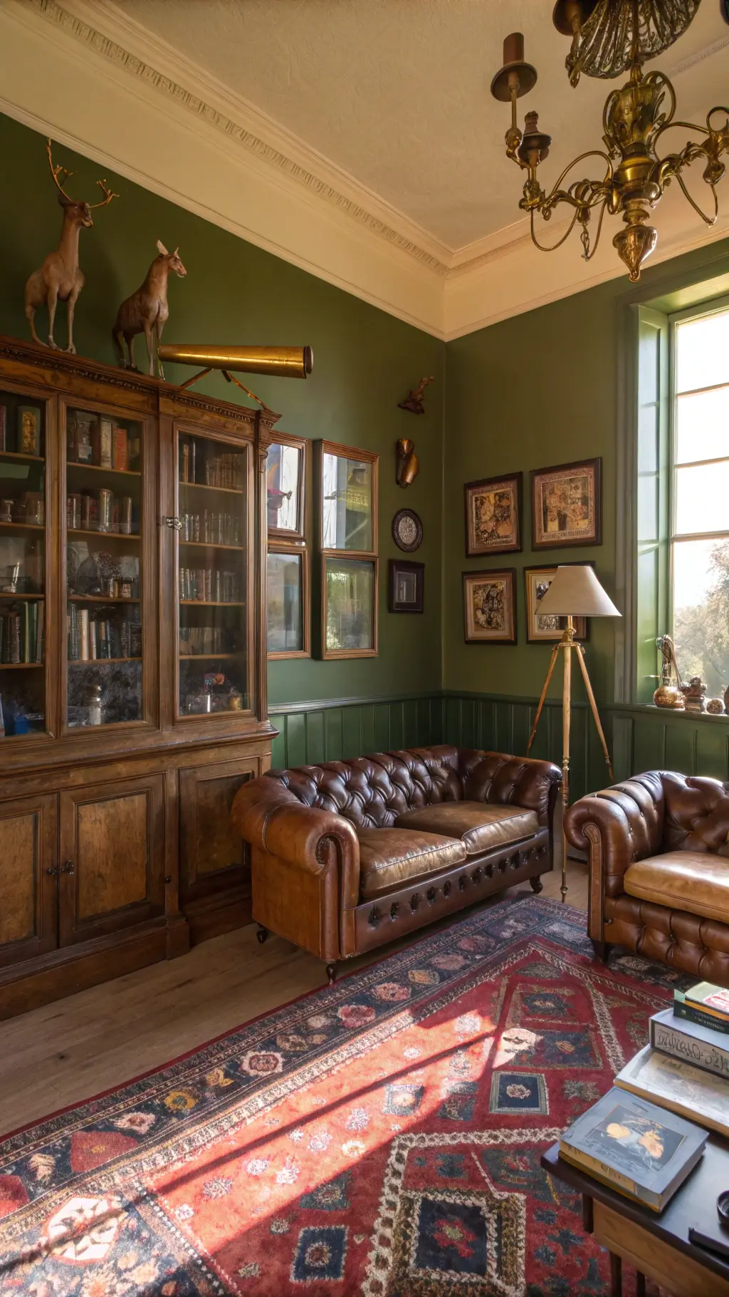 Golden hour light illuminating a 14x16ft vintage curiosity parlor filled with taxidermy and scientific specimens in glass-fronted cabinets, Chesterfield sofas over a jewel-toned oriental rug, and brass astronomical instruments, viewed from corner height.