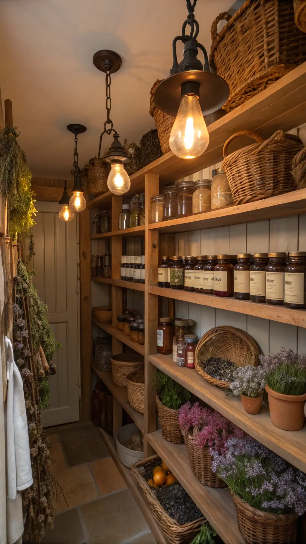 Vintage folklore kitchen pantry filled with items like dried herbs, bottled potions, and vintage preserve jars on wooden shelves, copper measuring cups hanging from iron hooks, and baskets full of dried flowers, lit by oil lamps.