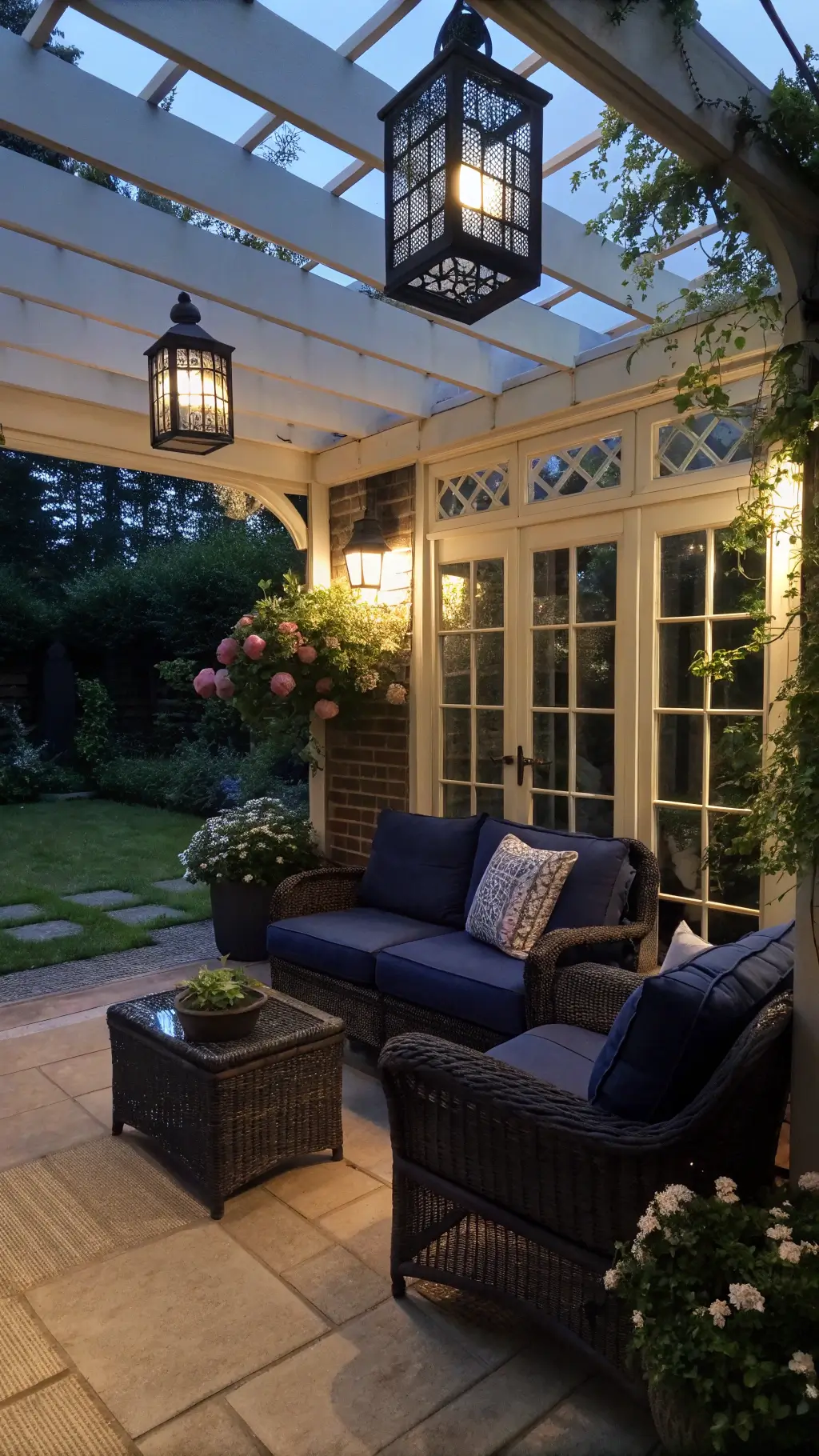A 15x20ft converted porch at twilight featuring blackened rattan furniture with midnight blue cushions, surrounded by potted moonflowers and night-blooming jasmine, with iron lanterns hanging from exposed beams casting patterned shadows, shot from the doorway, blending blue hour natural light with the warm glow of the lanterns.