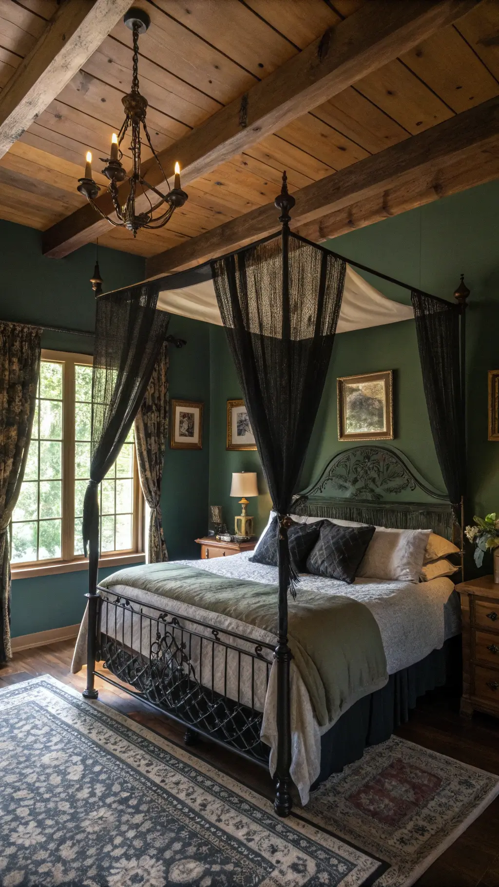 Vintage-themed 12x14ft bedroom with distressed oak beams, wrought-iron canopy bed dressed in velvet and cream linen, brass candlesticks and lavender stems on a wooden nightstand, against forest green walls adorned with botanical prints, bathed in late afternoon light through black lace curtains.