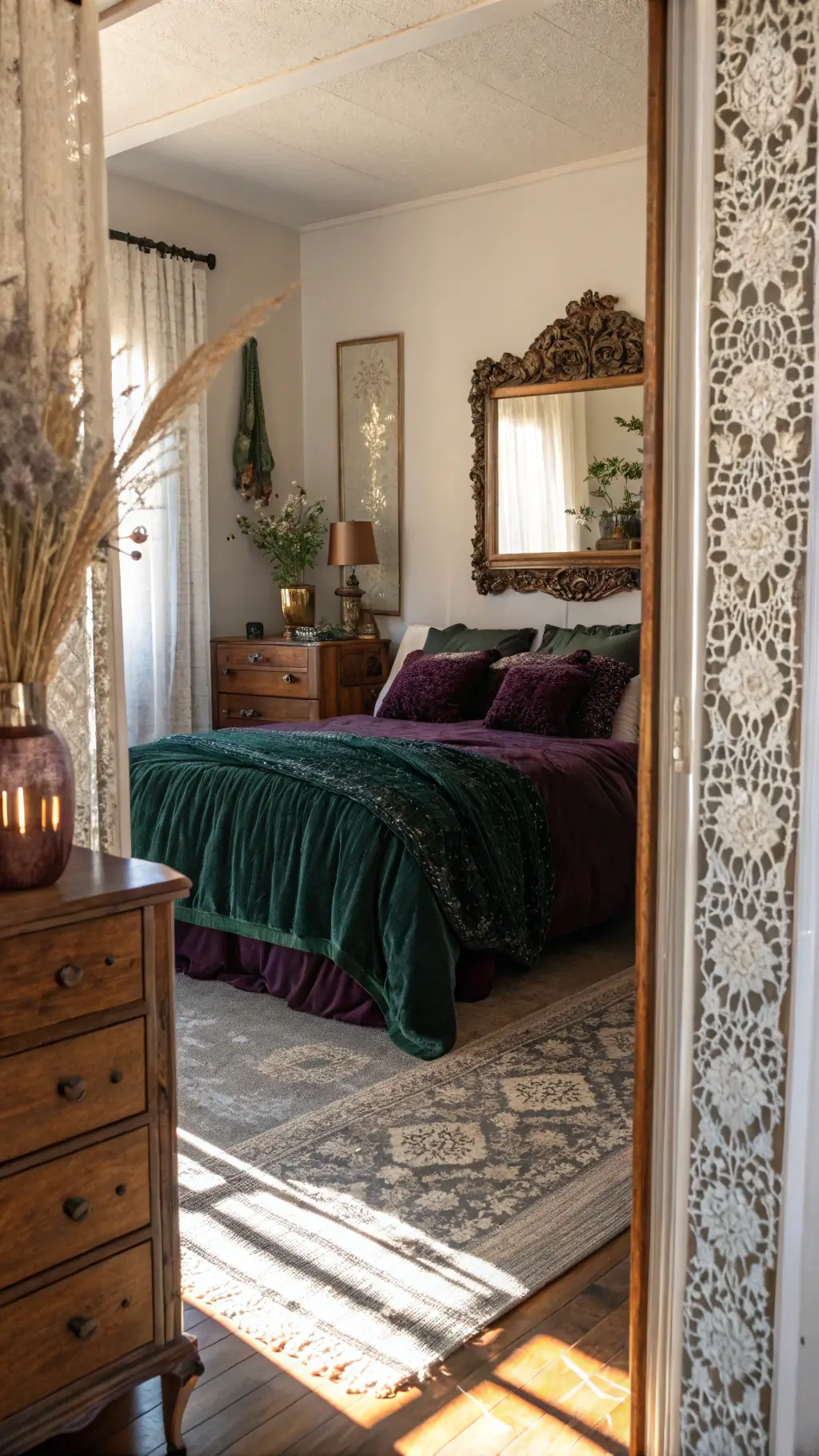 Vintage styled bedroom with morning light streaming through lace curtains, dark linens and velvet pillows on the bed, bronze mirror, dried flowers in copper vases on a dresser, shot from the doorway.