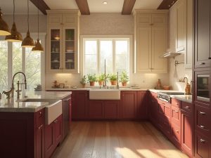"Luxurious transitional kitchen with burgundy and cream cabinets, marble waterfall island, and brass accents during golden hour"