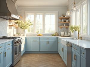 "Modern coastal kitchen with light blue cabinets, white Carrara marble countertops, and herringbone oak flooring in natural golden hour light"