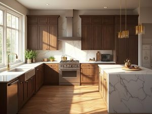 "Luxurious dark oak kitchen with white marble countertops, illuminated by morning sunlight through floor-to-ceiling windows, featuring a large island, brass pendant lights, and stainless steel appliances"