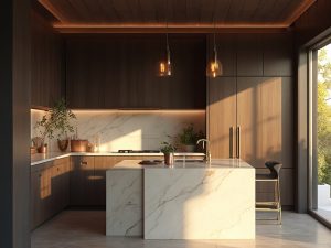 "Modern luxury kitchen with Carrara marble island, brass hardware and floor-to-ceiling windows in golden hour sunlight."