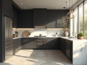 "Modern charcoal kitchen with quartz waterfall island, white oak flooring and professional-grade appliances"