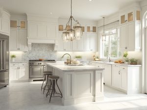 "Modern farmhouse kitchen with alabaster cabinets, Carrara marble island, and luxury stainless steel appliances in bright morning light"