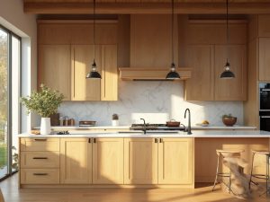 "Sun-drenched modern farmhouse kitchen with natural oak cabinets, white quartz countertops, large center island, and vintage-inspired pendant lights."