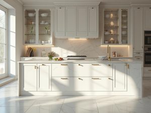 "Modern kitchen with glass-front cabinets, white porcelain dinnerware, marble countertops, and copper cookware in morning sunlight"