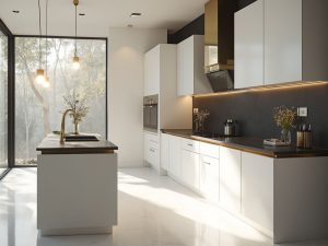 "Modern, luxurious kitchen with handleless white cabinets, black quartz countertop island, and natural sunlight streaming through large windows"