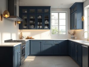 "Modern IKEA SEKTION kitchen in navy blue with white quartz countertops, brass fixtures, and sunlit dining area"
