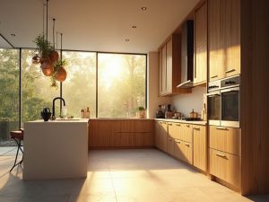 "Modern luxury kitchen with walnut cabinets, cream quartz island, stainless steel appliances, and copper cookware during golden hour"