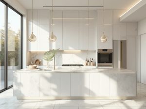 "Ultra-modern high gloss kitchen interior with marble island and natural golden hour lighting"