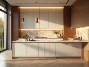 "Minimalist luxury kitchen with handleless cabinets, marble waterfall island, floor-to-ceiling windows, and modern decor during golden hour"