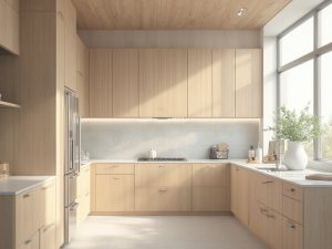 "Modern kitchen with maple Shaker-style cabinets, white quartz countertops, stainless steel appliances, and large sunny windows"