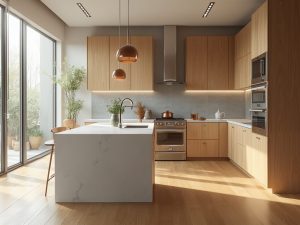 "Luxurious modern kitchen with maple cabinets, white quartz island, professional appliances, and minimalist décor, bathed in morning sunlight"