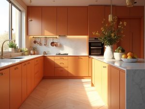 "Modern orange kitchen interior with brass hardware, white quartz countertops, and herringbone flooring bathed in golden sunlight"
