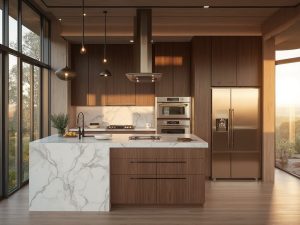 "Modern luxury kitchen with dark walnut cabinets, marble island, and golden hour sunlight through floor-to-ceiling windows"