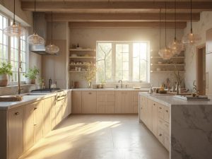 "Contemporary 16x18ft kitchen with Pale Oak cabinets, Taj Mahal quartzite countertops, brushed brass fixtures, and natural light pouring in through divided light windows."