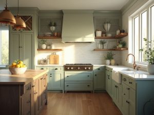 "Modern farmhouse kitchen with sage green cabinets, walnut floor, white quartz countertops, and a large island; styled with fresh lemons and copper cookware under pendant lights."