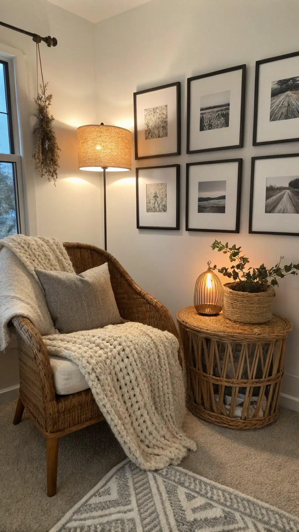 Cozy and artisanal 10x12ft bedroom corner at dusk with rattan chair, ceramic table lamp casting a warm glow, gallery wall of black and white photos, woven basket with extra pillows and macramé wall hanging.