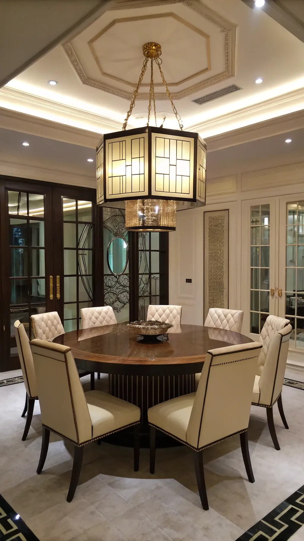 Elegant geometric deco dining area with an octagonal ebonized wood table, cream leather chairs, and a brass chandelier, all beautifully lit by dramatic evening lighting.