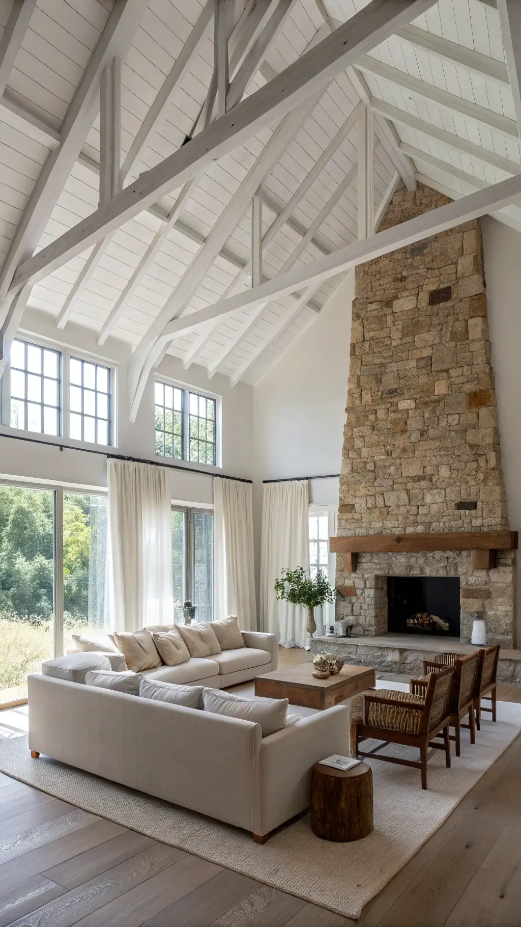 Sun-drenched minimalist great room with exposed white beams, a stone fireplace, an oatmeal linen sofa, leather safari chairs, and ceramic vessels on an oak coffee table, viewed from mezzanine level.