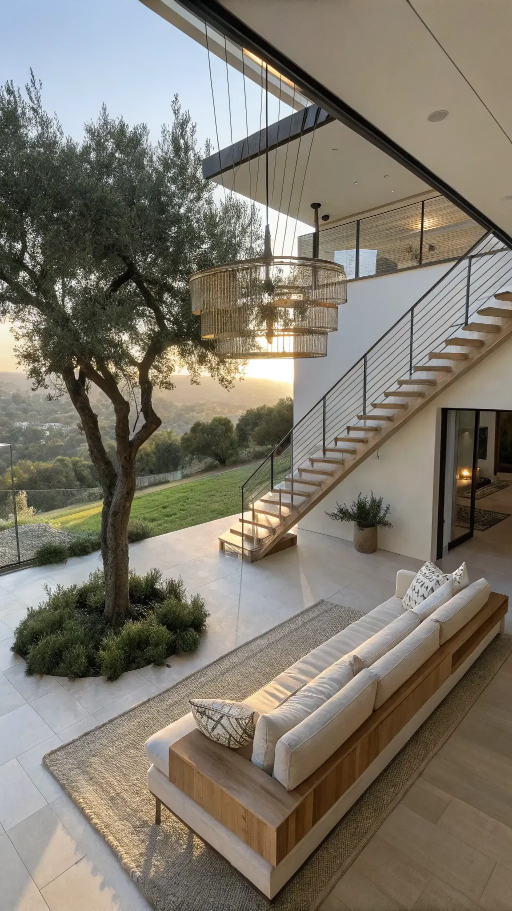 Above shot of a modern minimalist open-concept space at sunrise with bleached oak staircase, cream wool platform sofa, brass chandelier casting geometric shadows, and a large potted olive tree.