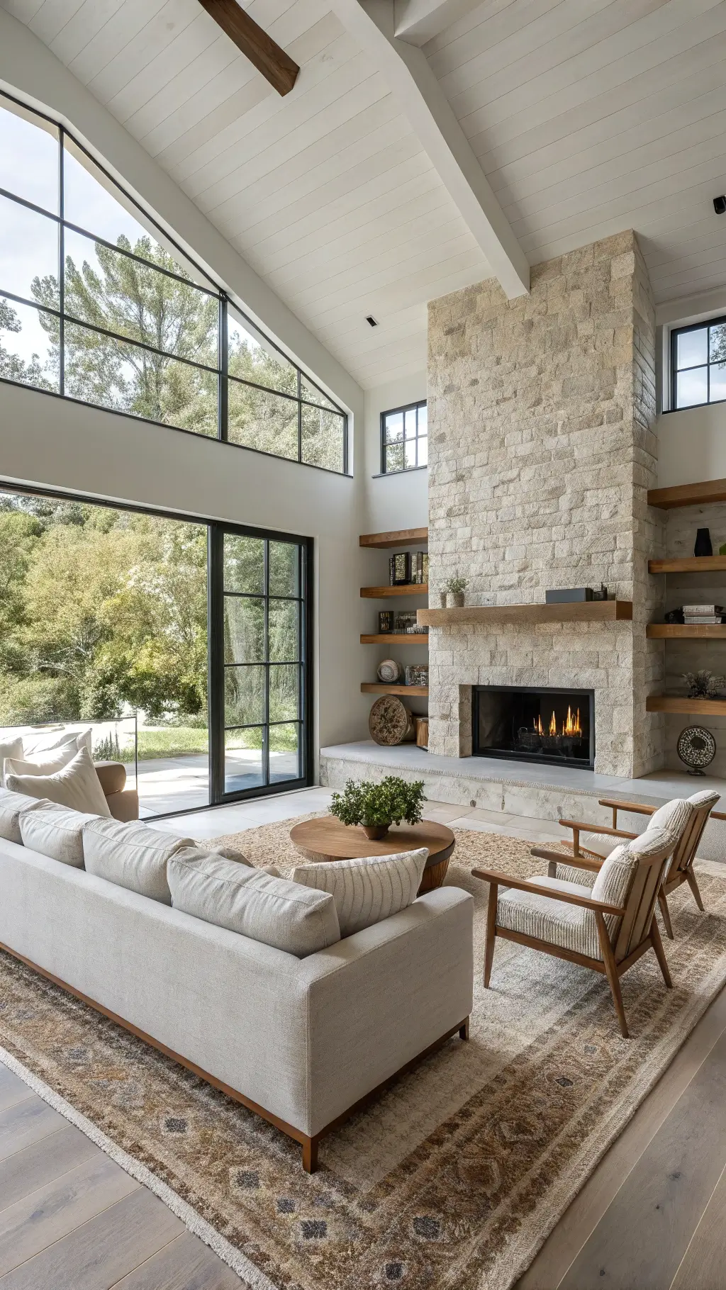 Midday sun illuminating a minimalist 18x24ft great room with a double-sided limestone fireplace, natural linen low-profile sectional, woven leather chairs, handcrafted ceramic display on floating oak shelves, layered sisal and Moroccan rugs, with a focus on windows; conveying an organic and collected mood.