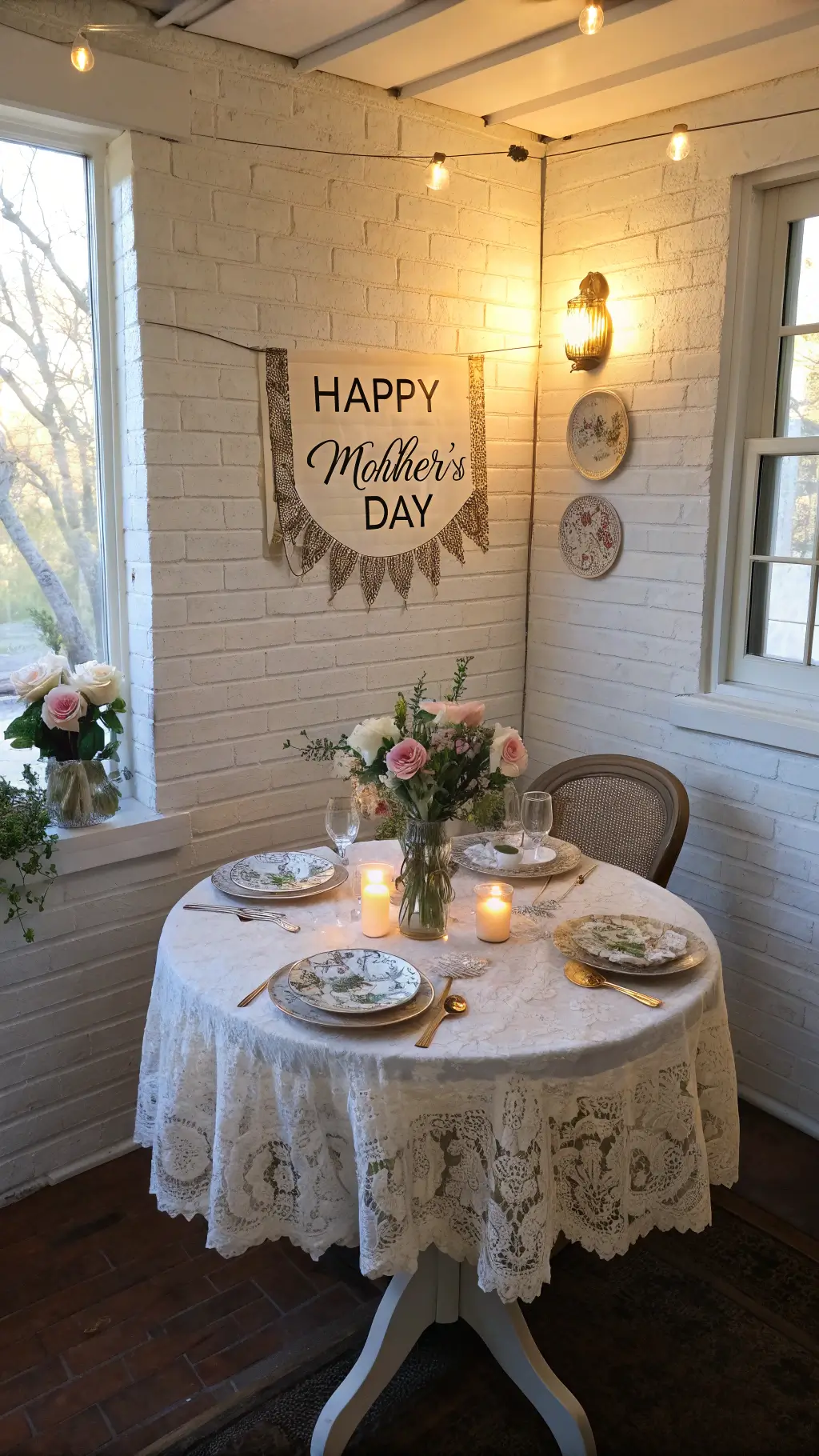 Vintage breakfast nook bathed in golden hour light with a round table, antique milk glass florals, hand-painted Mother's Day banner, and romantic vintage styling.