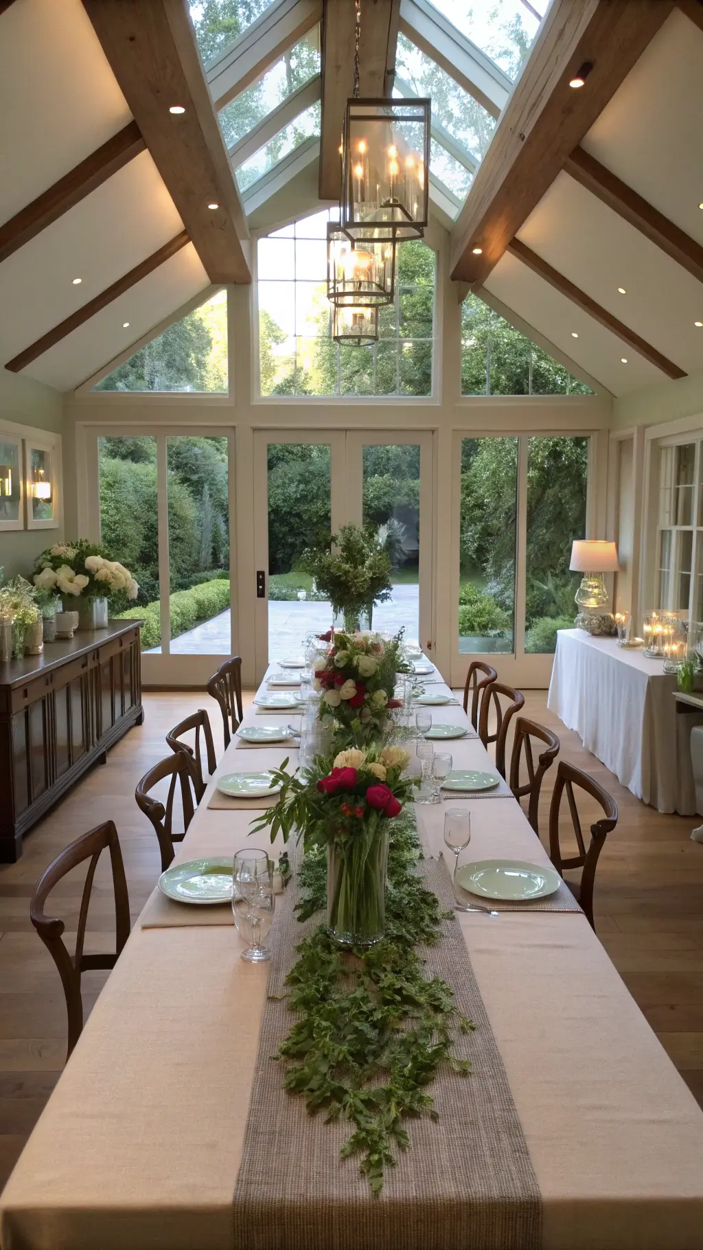 Elegant 15x18ft great room with vaulted ceiling, garden view from glass doors, decorated table with roses, sweet peas, vintage china, and acrylic chargers, with oversized paper flowers on wall, bathed in golden-hour light.