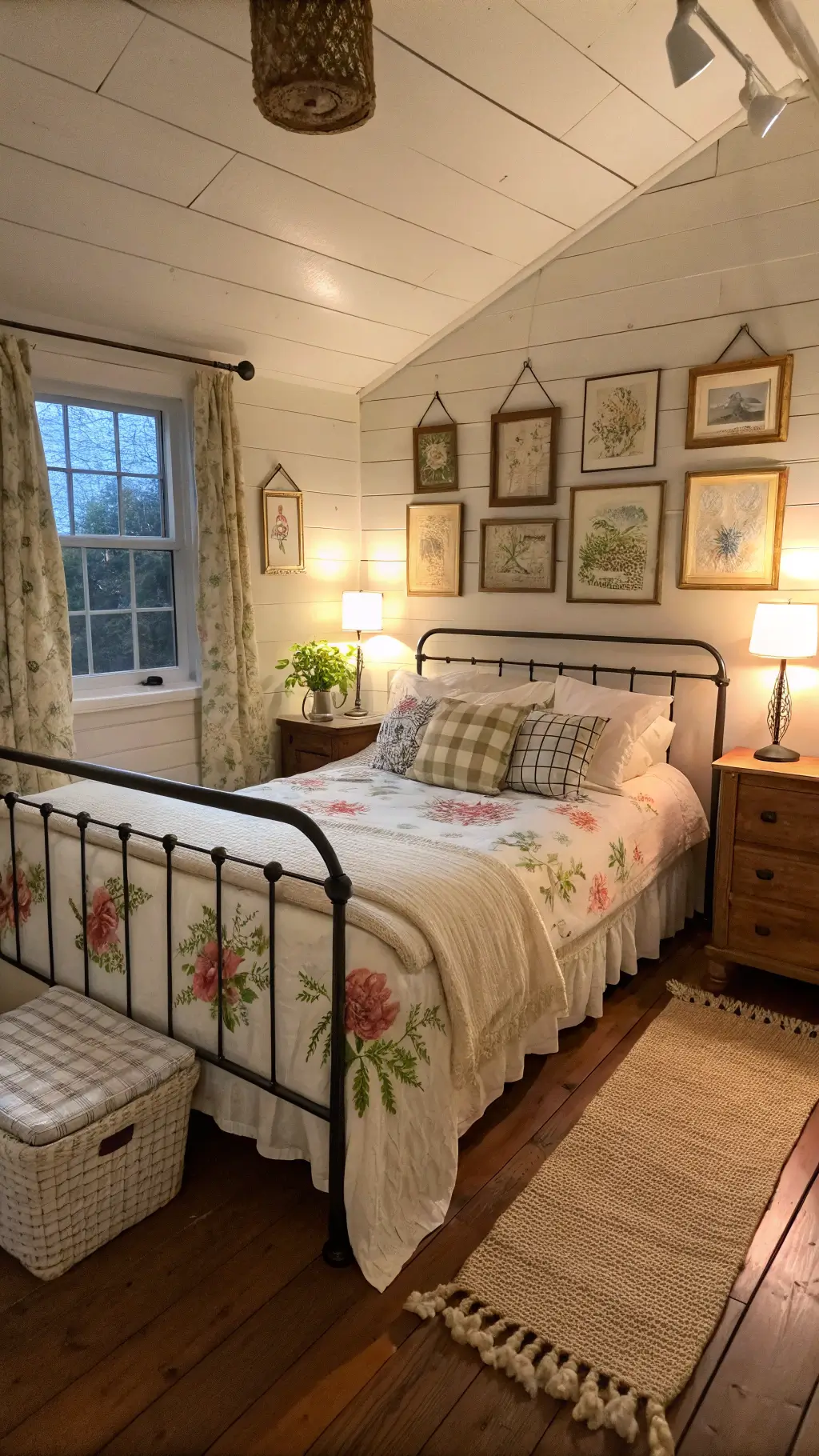 Cozy cottage bedroom at dusk featuring an iron-frame bed with white linens, vintage floral quilt, mixed pattern pillows, botanical prints on whitewashed plank walls, antique pine dresser with a softly glowing ceramic lamp, and a window seat with cushions and a wool throw, all heavily textured and warmly lit.
