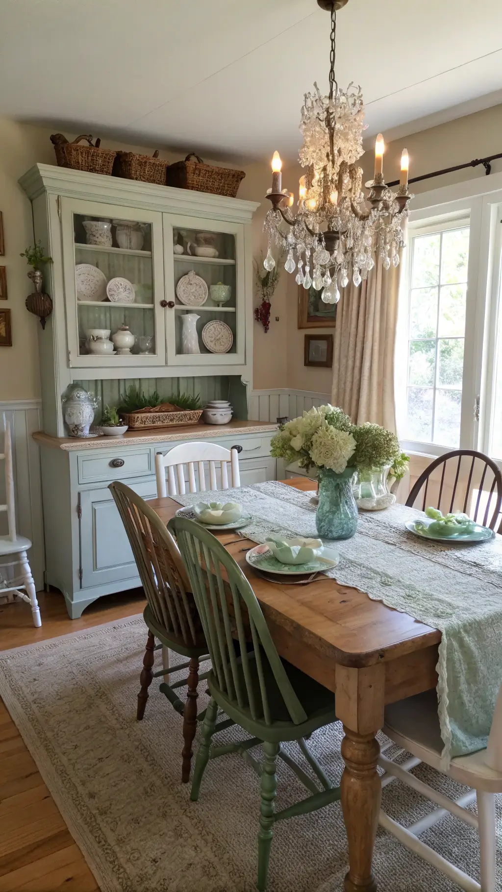 Vintage styled cottage dining room with mismatched china, a crystal chandelier, Windsor chairs, and a hutch filled with ironstone and copper vessels, highlighted by natural light.