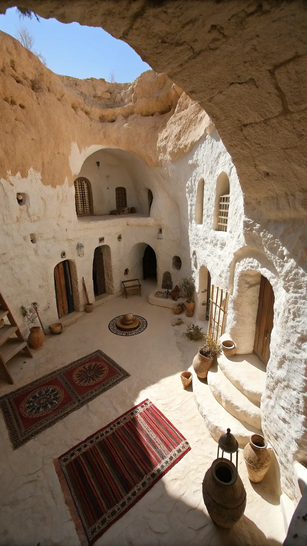 Interior view of sunlit Tunisian cave dwelling with whitewashed limestone walls, arched doorways, Berber rugs, brass lanterns and earthenware pots.