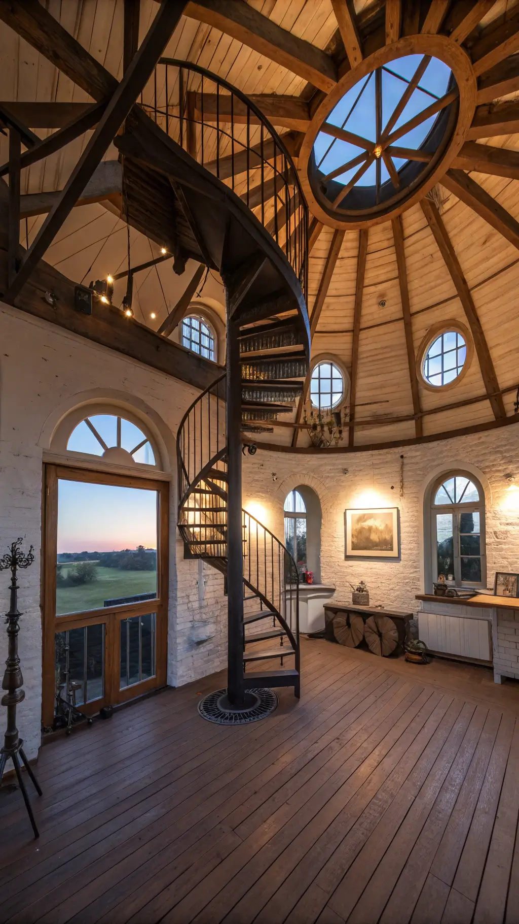 Interior view of a Dutch windmill home with preserved wooden mechanisms overhead, modern industrial furniture, vintage mill tools wall art, and 360-degree countryside view through arched windows.