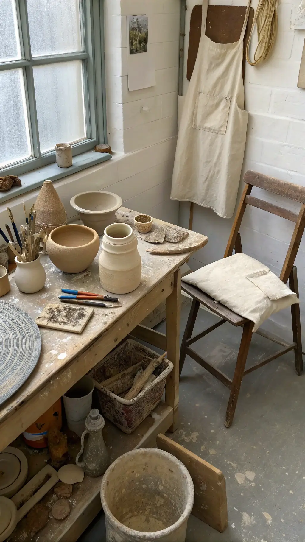 Overhead view of artist's corner featuring table with clay works in progress, clay tools, draped linen apron, and vintage wooden stool, capturing the creative process and wabi-sabi philosophy.