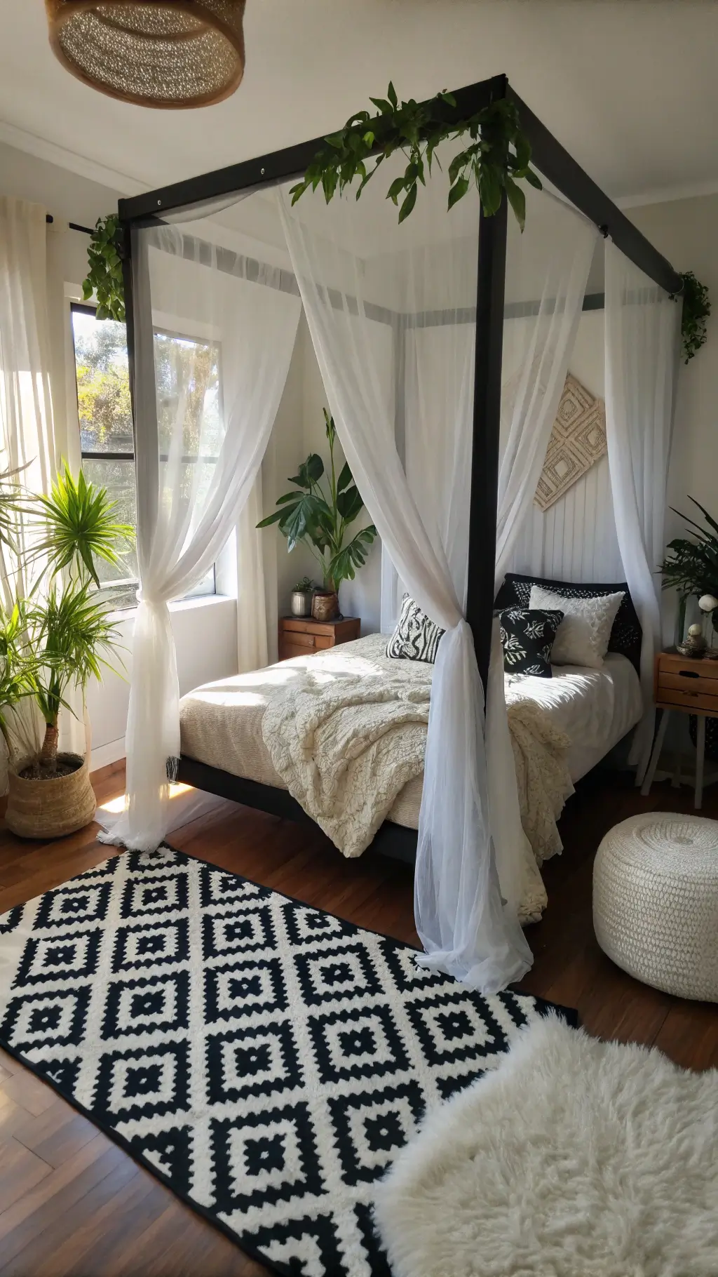 Cozy 10x12ft bedroom at midday with black canopy bed, white draping, geometric area rug, green potted plants and faux fur throws.