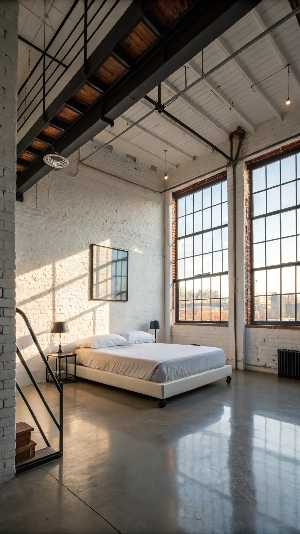 High-angle view of a spacious loft bedroom with industrial design, white platform bed, black metal furniture, and morning sunlight shining through steel-framed windows onto concrete floors.