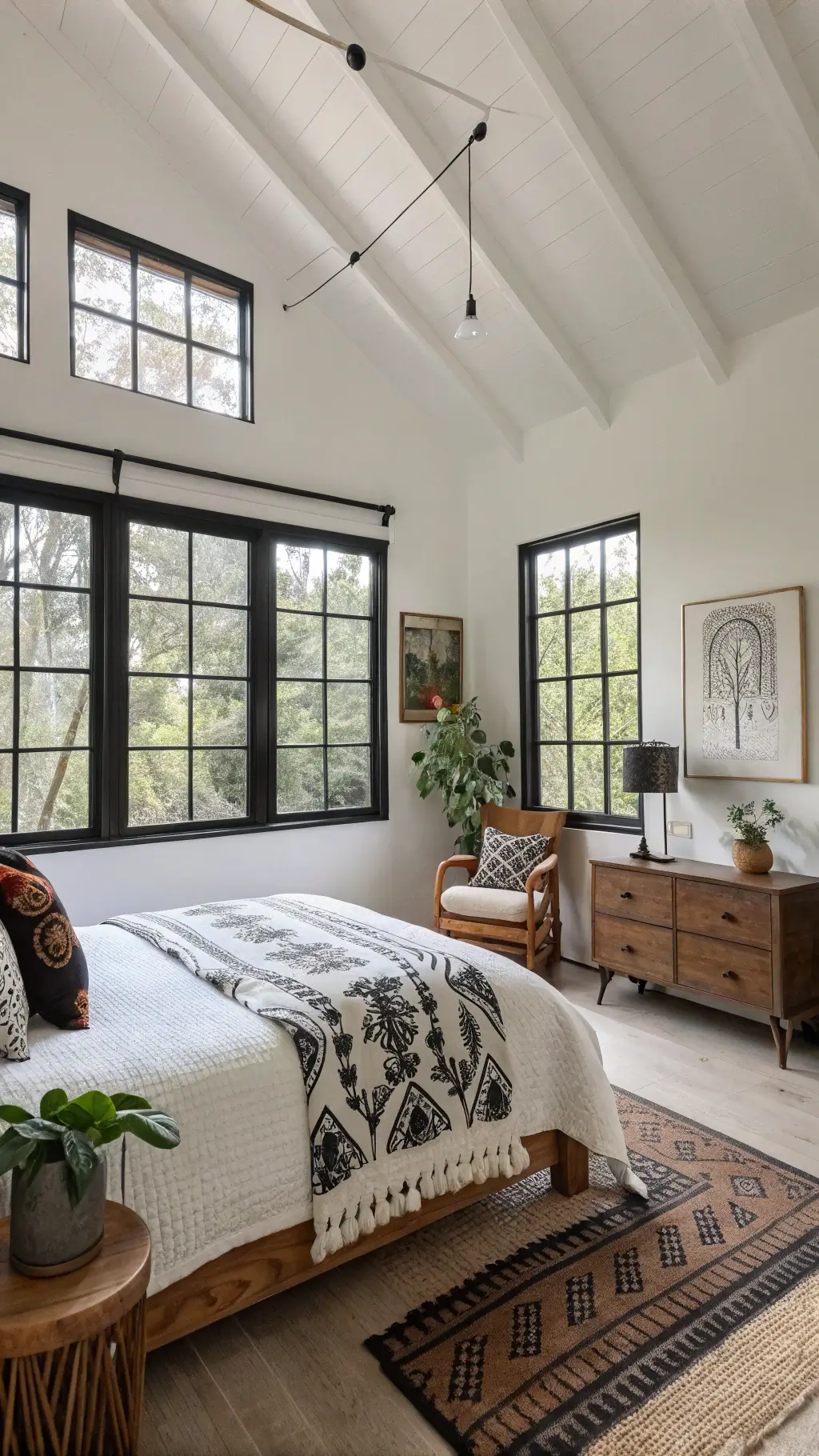 Eclectic 14x16ft bedroom at midmorning, featuring black-framed windows, white walls, a mix of vintage and modern pieces, and varied black and white patterns in textiles and artwork. Natural elements add organic texture to the room and a low-angle shot emphasizes the ceiling height.