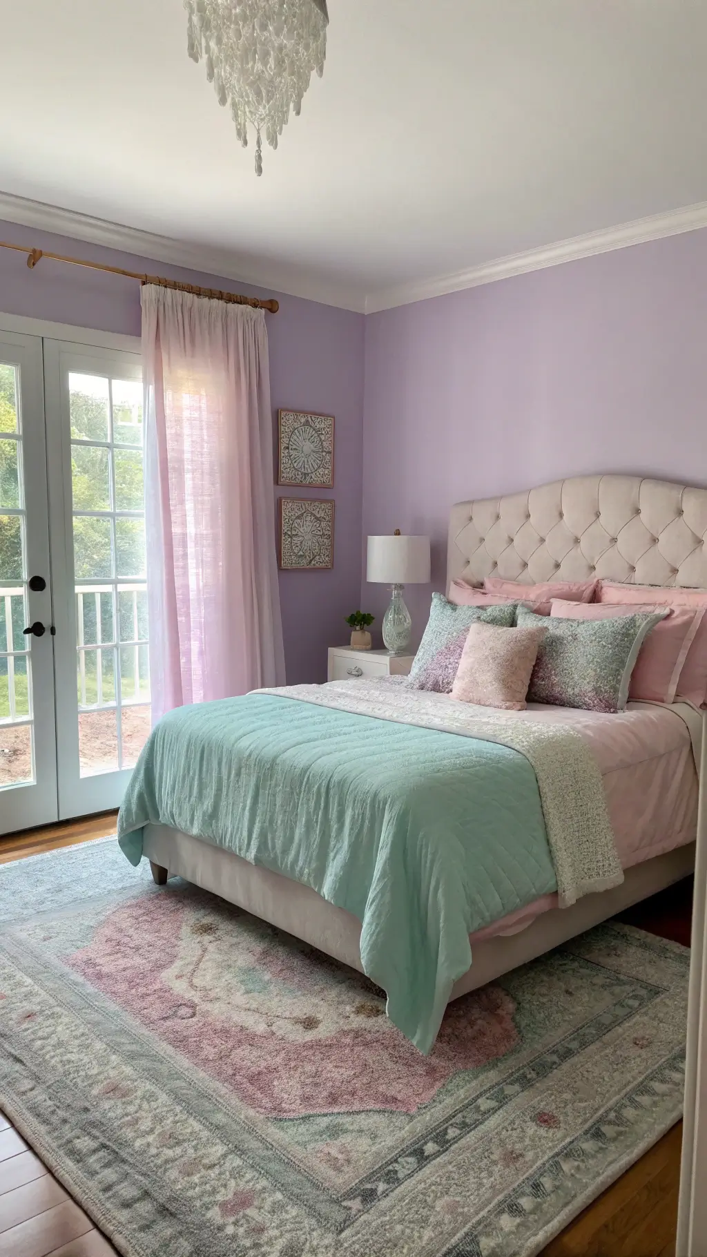 Master bedroom (16'x14') with lavender walls, mint bedding, blush pink accents, and varied textures. Dawn light filters through sheer curtains, casting a peaceful, dreamy glow.