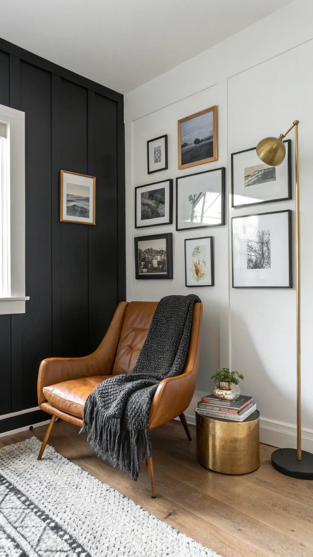 Modern bedroom corner with matte black wall, mid-century leather chair with charcoal knit throw, brass floor lamp, gallery wall of black and gold frames, and a sheepskin rug in morning light.