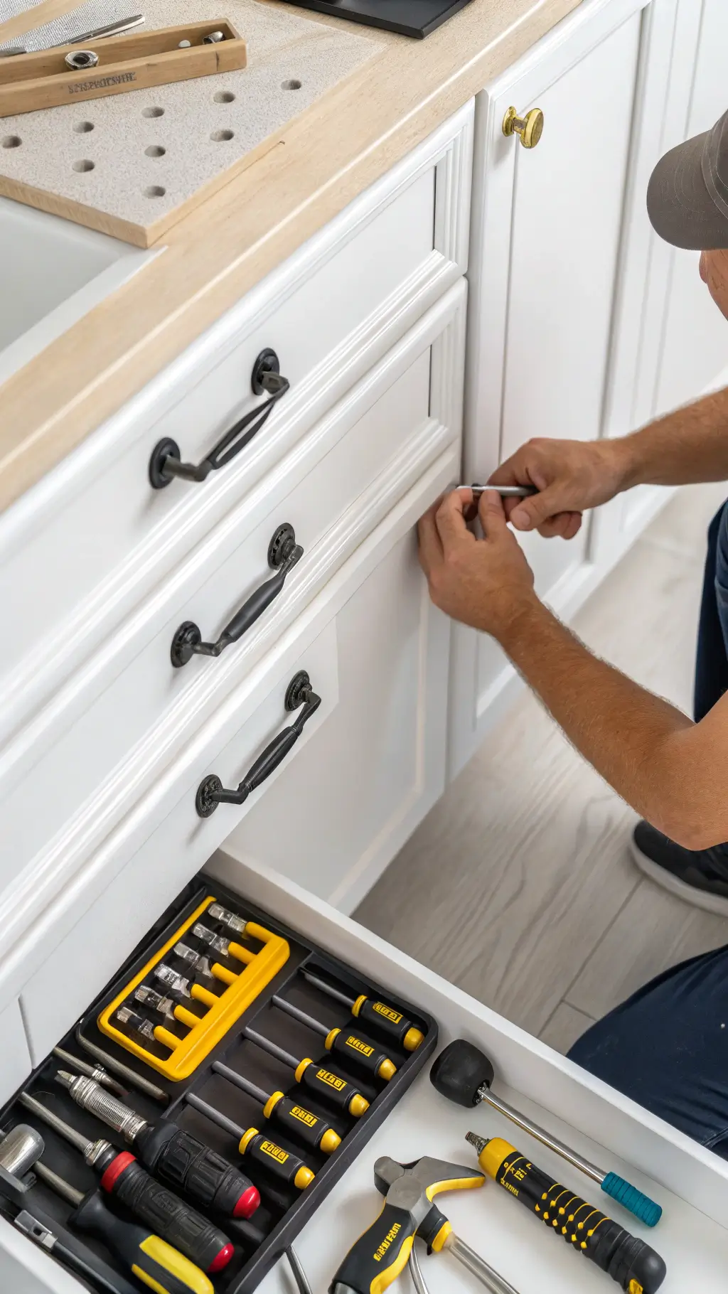 Professional installing a farmhouse cup pull on a white cabinet, using alignment tools in a clean and organized workspace, shot from an over-shoulder angle.