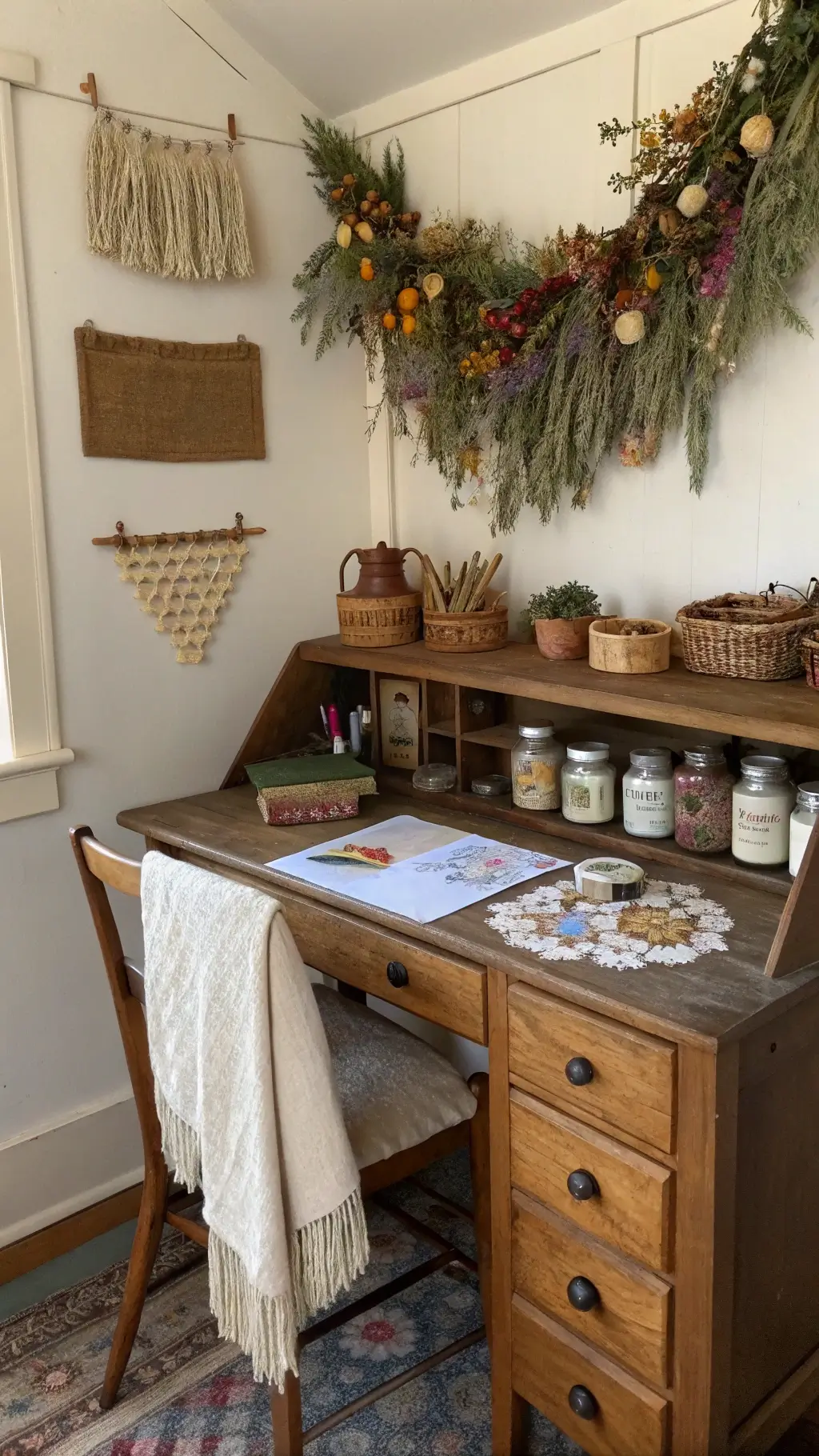 Vintage pine desk covered with clay ornaments and crafting supplies in mason jars lit by afternoon light in 10x12ft crafting room, viewed from a 45-degree angle above.