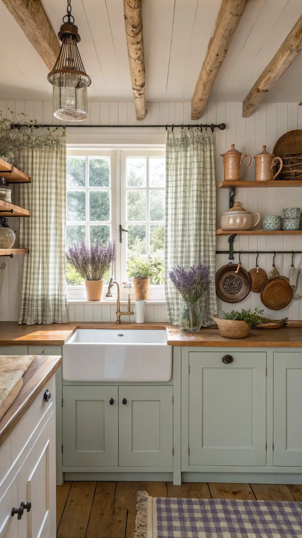 Morning light illuminating a cozy cottage kitchen with gingham-curtained windows, open wooden shelves filled with ironstone pitchers and vintage teacups, copper pots on hanging rack, and farmhouse sink with brass fixtures surrounded by butcher block counters