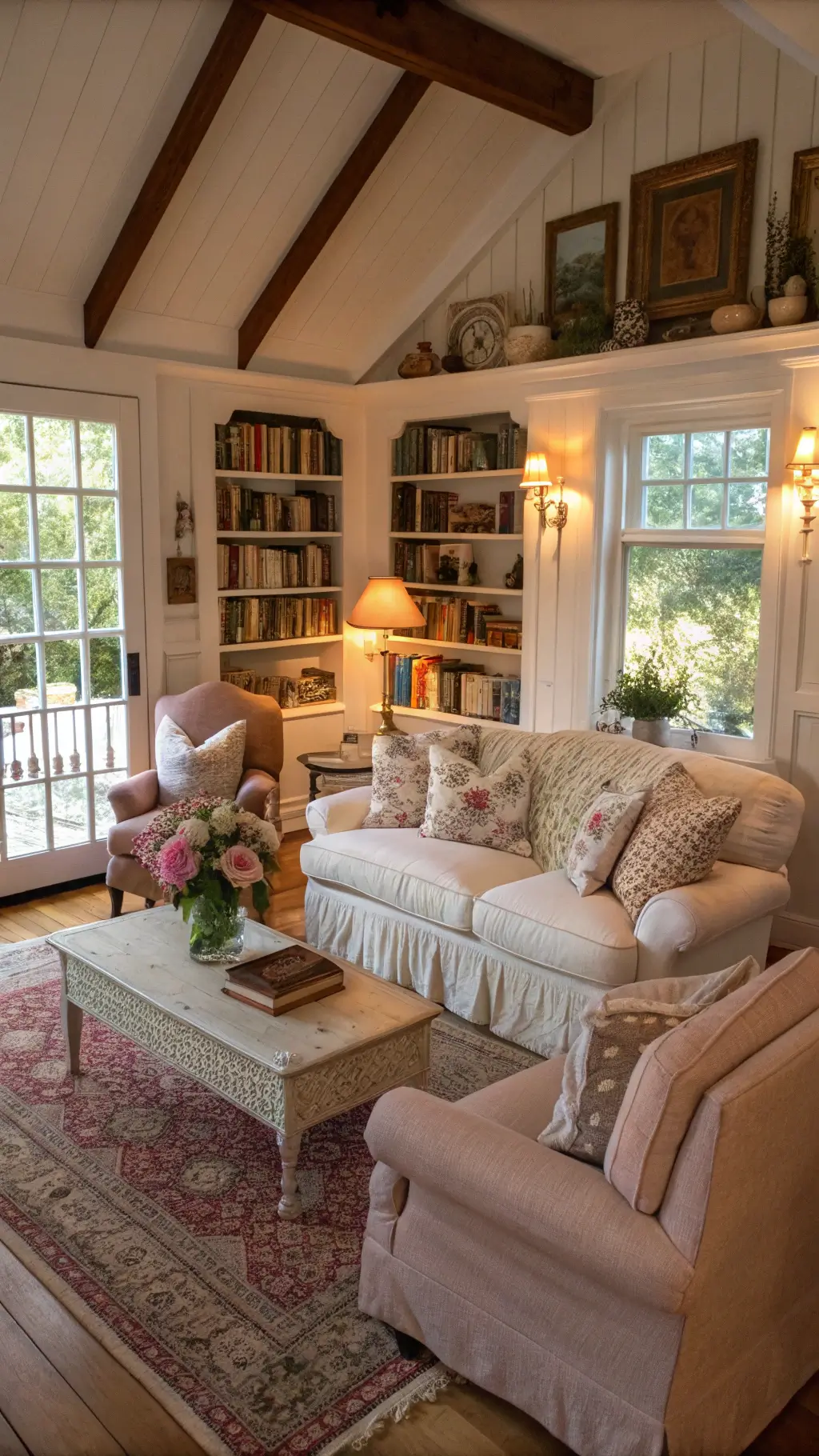 Vintage-inspired cottage living room with plush sofa, needlepoint pillows, mismatched chairs, distressed coffee table, and built-in shelves filled with books and dried hydrangeas, bathed in atmospheric afternoon light.