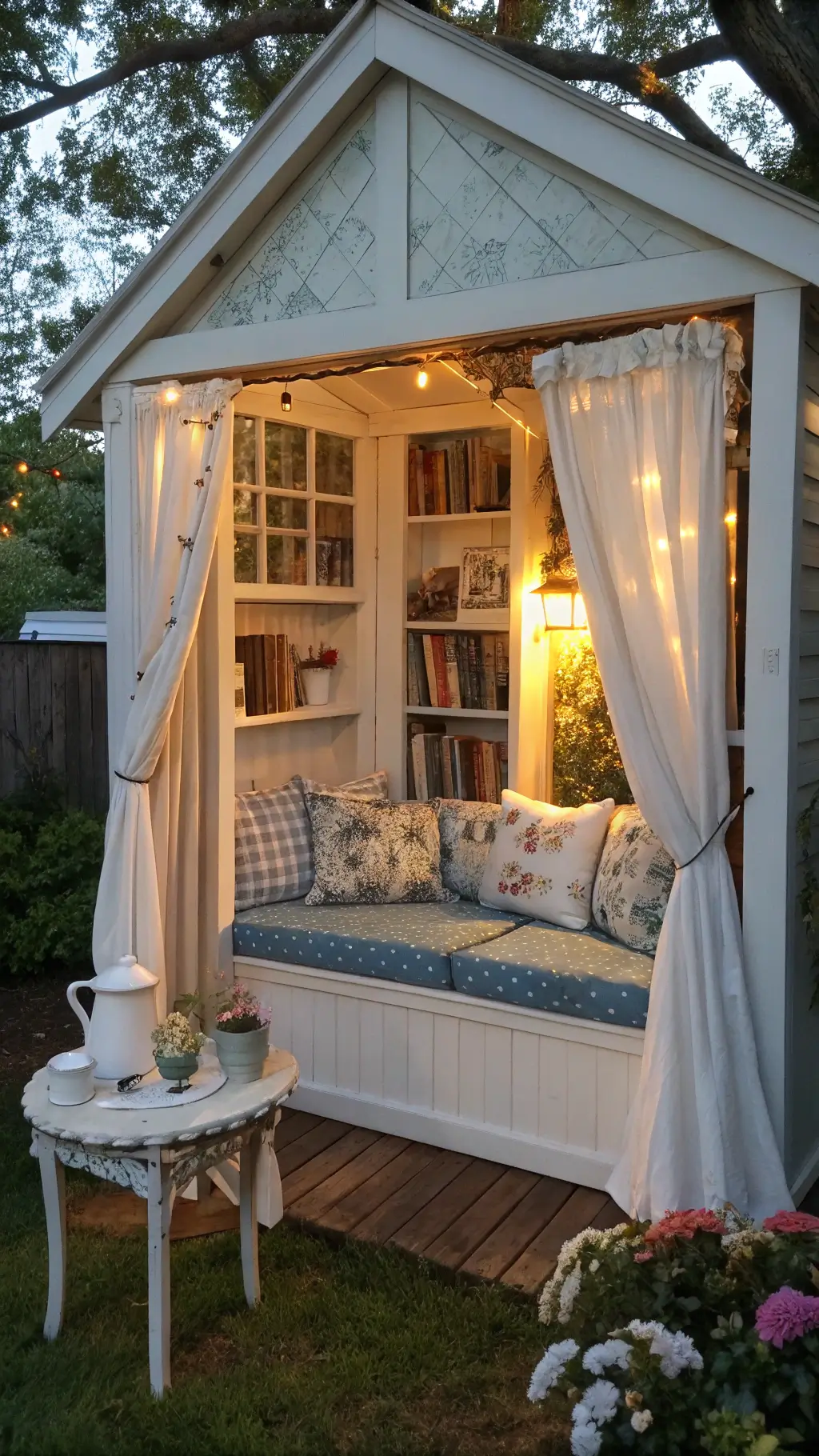 Dreamy cottage reading nook with built-in shelves, vintage quilts, and ceramic teapot on table, shot at dusk with natural lighting.