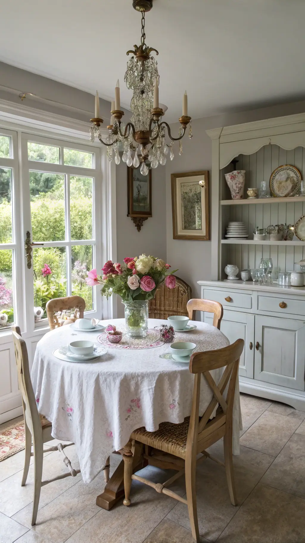 Vintage styled cottage dining room with mismatched pastel chairs, crystal chandelier, and garden-view windows
