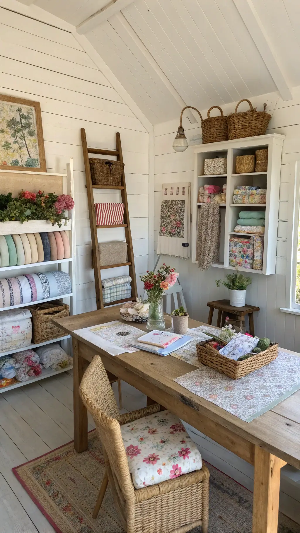 Farmhouse style craft room with natural light highlighting a wooden table filled with vintage sewing notions and yarn, open shelving with quilting fabrics, wicker baskets with projects, and a vintage ladder with dried flowers.