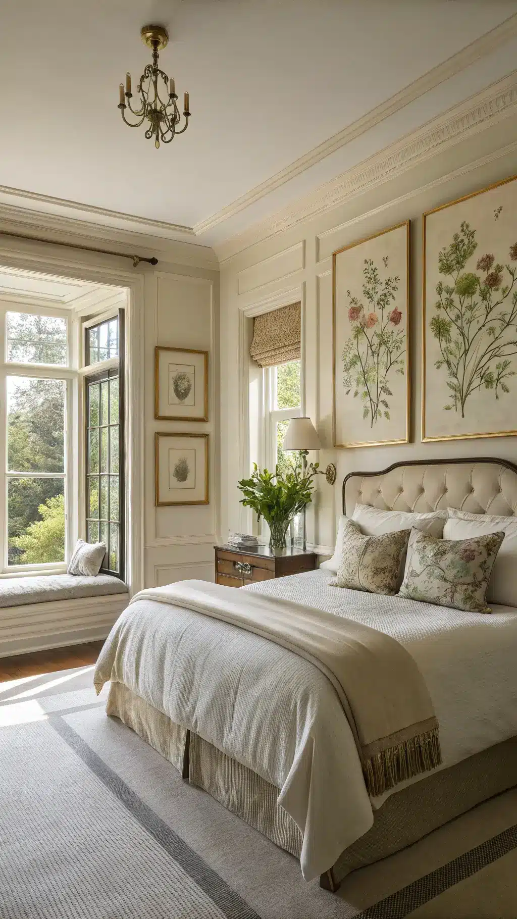 Spacious, serene main bedroom with traditional moldings, botanical prints in gold frames, an upholstered linen headboard, and delicate bedside flower vases, bathed in soft, early morning light.
