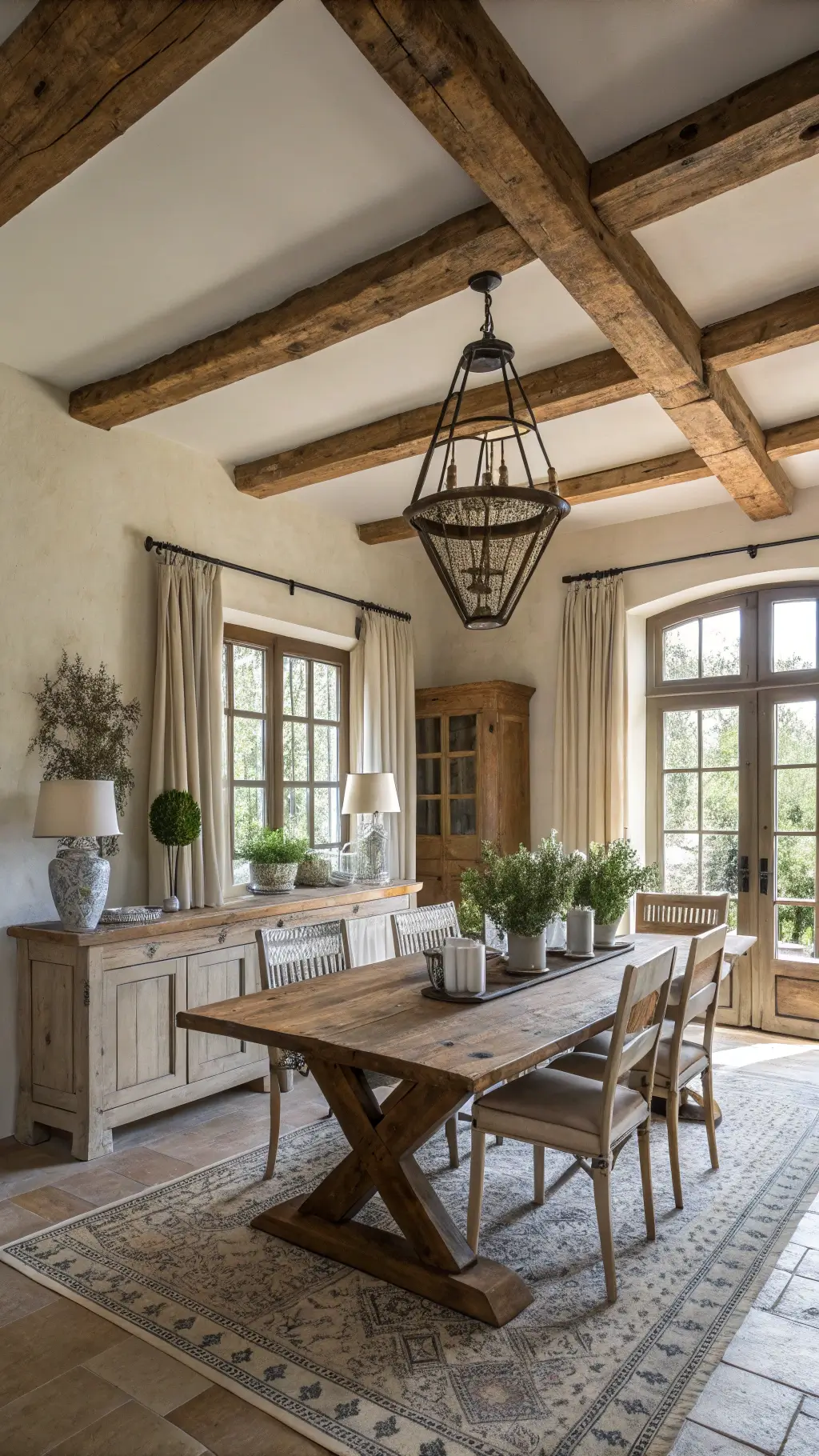 Bright and symmetrical farmhouse dining room with rough beams, substantial pine table, vintage Windsor chairs, natural linen cafe curtains and zinc chandelier, decorated with wildflowers in ironstone pitchers, grain sack table runner and black metal lanterns.